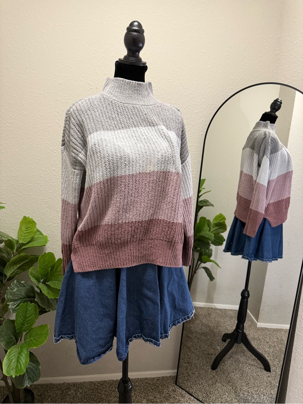 Hippie Rose Striped Mock Neck Sweater in Mauve, Light Gray & Cream